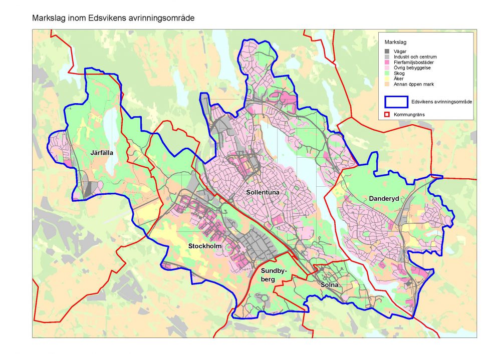 Geoveta tar fram åtgärdsprogram för Edsviken. Karta visar markanvädning inom Edsvikens avrinningsområde.